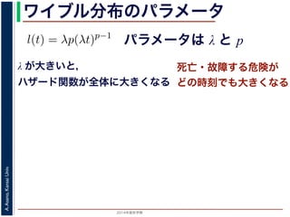 2015年度秋学期 
A.Asano,KansaiUniv.
ワイブル分布のパラメータ
パラメータは λ と p
との関係が得られます。
l(t) = λp(λt)p−1
代入すると，
exp −
t
0
λp(λu)p−1
du
exp − [(λu)p
]u=t
u=0 = exp (−(λt)p
)
1 − S(t) = 1 − exp (−(λt)p
)
ます。このような累積分布関数をもつ確率分布をワイブル
と p の２つのパラメータがあります。 λ が大きいとハザ
λ が大きいと，
ハザード関数が全体に大きくなる
死亡・故障する危険が
どの時刻でも大きくなる
 