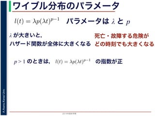 2015年度秋学期 
A.Asano,KansaiUniv.
ワイブル分布のパラメータ
パラメータは λ と p
との関係が得られます。
l(t) = λp(λt)p−1
代入すると，
exp −
t
0
λp(λu)p−1
du
exp − [(λu)p
]u=t
u=0 = exp (−(λt)p
)
1 − S(t) = 1 − exp (−(λt)p
)
ます。このような累積分布関数をもつ確率分布をワイブル
と p の２つのパラメータがあります。 λ が大きいとハザ
λ が大きいと，
ハザード関数が全体に大きくなる
死亡・故障する危険が
どの時刻でも大きくなる
p > 1 のときは，
= −
d
dt
(log S(t))
l(u)du = log S(t) + C （C は積分定数）
S(t) = exp −
t
0
l(u)du （t = 0 のとき S(0) = 1 なので，C = 0
ード関数と生存関数との関係が得られます。
ハザード関数 l(t) を
l(t) = λp(λt)p−1
正の実数），(7) 式に代入すると，
S(t) = exp −
t
0
λp(λu)p−1
du
= exp − [(λu)p
]u=t
u=0 = exp (−(λt)p
)
F(t) = 1 − S(t) = 1 − exp (−(λt)p
)
布関数 F(t) が得られます。このような累積分布関数をもつ確率分布をワイ
の指数が正
 