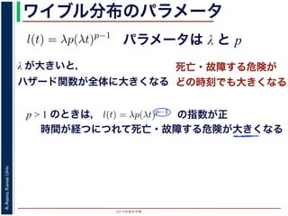 2015年度秋学期 
A.Asano,KansaiUniv.
ワイブル分布のパラメータ
パラメータは λ と p
との関係が得られます。
l(t) = λp(λt)p−1
代入すると，
exp −
t
0
λp(λu)p−1
du
exp − [(λu)p
]u=t
u=0 = exp (−(λt)p
)
1 − S(t) = 1 − exp (−(λt)p
)
ます。このような累積分布関数をもつ確率分布をワイブル
と p の２つのパラメータがあります。 λ が大きいとハザ
λ が大きいと，
ハザード関数が全体に大きくなる
死亡・故障する危険が
どの時刻でも大きくなる
p > 1 のときは，
= −
d
dt
(log S(t))
l(u)du = log S(t) + C （C は積分定数）
S(t) = exp −
t
0
l(u)du （t = 0 のとき S(0) = 1 なので，C = 0
ード関数と生存関数との関係が得られます。
ハザード関数 l(t) を
l(t) = λp(λt)p−1
正の実数），(7) 式に代入すると，
S(t) = exp −
t
0
λp(λu)p−1
du
= exp − [(λu)p
]u=t
u=0 = exp (−(λt)p
)
F(t) = 1 − S(t) = 1 − exp (−(λt)p
)
布関数 F(t) が得られます。このような累積分布関数をもつ確率分布をワイ
の指数が正
時間が経つにつれて死亡・故障する危険が大きくなる
 