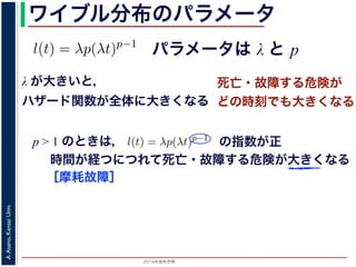 2015年度秋学期 
A.Asano,KansaiUniv.
ワイブル分布のパラメータ
パラメータは λ と p
との関係が得られます。
l(t) = λp(λt)p−1
代入すると，
exp −
t
0
λp(λu)p−1
du
exp − [(λu)p
]u=t
u=0 = exp (−(λt)p
)
1 − S(t) = 1 − exp (−(λt)p
)
ます。このような累積分布関数をもつ確率分布をワイブル
と p の２つのパラメータがあります。 λ が大きいとハザ
λ が大きいと，
ハザード関数が全体に大きくなる
死亡・故障する危険が
どの時刻でも大きくなる
p > 1 のときは，
= −
d
dt
(log S(t))
l(u)du = log S(t) + C （C は積分定数）
S(t) = exp −
t
0
l(u)du （t = 0 のとき S(0) = 1 なので，C = 0
ード関数と生存関数との関係が得られます。
ハザード関数 l(t) を
l(t) = λp(λt)p−1
正の実数），(7) 式に代入すると，
S(t) = exp −
t
0
λp(λu)p−1
du
= exp − [(λu)p
]u=t
u=0 = exp (−(λt)p
)
F(t) = 1 − S(t) = 1 − exp (−(λt)p
)
布関数 F(t) が得られます。このような累積分布関数をもつ確率分布をワイ
の指数が正
時間が経つにつれて死亡・故障する危険が大きくなる
［摩耗故障］
 