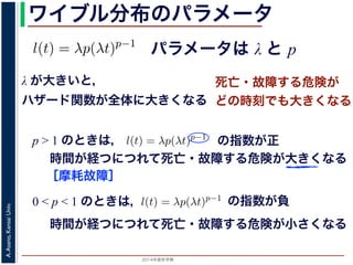 2015年度秋学期 
A.Asano,KansaiUniv.
ワイブル分布のパラメータ
パラメータは λ と p
との関係が得られます。
l(t) = λp(λt)p−1
代入すると，
exp −
t
0
λp(λu)p−1
du
exp − [(λu)p
]u=t
u=0 = exp (−(λt)p
)
1 − S(t) = 1 − exp (−(λt)p
)
ます。このような累積分布関数をもつ確率分布をワイブル
と p の２つのパラメータがあります。 λ が大きいとハザ
λ が大きいと，
ハザード関数が全体に大きくなる
死亡・故障する危険が
どの時刻でも大きくなる
p > 1 のときは，
= −
d
dt
(log S(t))
l(u)du = log S(t) + C （C は積分定数）
S(t) = exp −
t
0
l(u)du （t = 0 のとき S(0) = 1 なので，C = 0
ード関数と生存関数との関係が得られます。
ハザード関数 l(t) を
l(t) = λp(λt)p−1
正の実数），(7) 式に代入すると，
S(t) = exp −
t
0
λp(λu)p−1
du
= exp − [(λu)p
]u=t
u=0 = exp (−(λt)p
)
F(t) = 1 − S(t) = 1 − exp (−(λt)p
)
布関数 F(t) が得られます。このような累積分布関数をもつ確率分布をワイ
の指数が正
時間が経つにつれて死亡・故障する危険が大きくなる
［摩耗故障］
0 < p < 1 のときは，
程式が得られます。ここで，時刻 0，すなわち誕生の瞬間に生存している
です。これを初期条件として (6) 式の微分方程式を解くと，
l(t) = −
S′(t)
S(t)
= −
d
dt
(log S(t))
t
0
l(u)du = log S(t) + C （C は積分定数）
S(t) = exp −
t
0
l(u)du （t = 0 のとき S(0) = 1 なので，C =
ザード関数と生存関数との関係が得られます。
でハザード関数 l(t) を
l(t) = λp(λt)p−1
p は正の実数），(7) 式に代入すると，
S(t) = exp −
t
0
λp(λu)p−1
du
の指数が負
時間が経つにつれて死亡・故障する危険が小さくなる
 