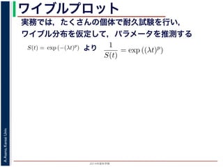2015年度秋学期 
A.Asano,KansaiUniv.
ワイブルプロット
実務では，たくさんの個体で耐久試験を行い，
ワイブル分布を仮定して，パラメータを推測する
関数と生存関数との関係が得られます。
ード関数 l(t) を
l(t) = λp(λt)p−1
(8)
の実数），(7) 式に代入すると，
S(t) = exp −
t
0
λp(λu)p−1
du
= exp − [(λu)p
]u=t
u=0 = exp (−(λt)p
)
F(t) = 1 − S(t) = 1 − exp (−(λt)p
)
(9)
数 F(t) が得られます。このような累積分布関数をもつ確率分布をワイブル分布とよ
積分布関数には λ と p の２つのパラメータがあります。 λ が大きいとハザード関数
くなるわけですから，全ての時刻を通じて死亡する危険が大きくなり，全体として
ります。一方，p については，
）（2014 年度秋学期） 第１０回 (2014. 12. 4) http://racco.mikeneko.jp/  2/4 ページ
l(t) = λp(λt)p−1
(8)
入すると，
p −
t
0
λp(λu)p−1
du
p − [(λu)p
]u=t
u=0 = exp (−(λt)p
)
− S(t) = 1 − exp (−(λt)p
)
(9)
。このような累積分布関数をもつ確率分布をワイブル分布とよ
p の２つのパラメータがあります。 λ が大きいとハザード関数
，全ての時刻を通じて死亡する危険が大きくなり，全体として
ついては，
１０回 (2014. 12. 4) http://racco.mikeneko.jp/  2/4 ページ
より
数」をプロットし，それらの点の並びを近似する直線の傾きを求めると
ものです。
うなことがなぜできるのかは，次の計算をしてみるとわかります。(9)
1
S(t)
= exp ((λt)p
)
すから，この式の両辺の対数を２回とると
log log
1
S(t)
= log {log (exp ((λt)p
))}
= log {(λt)p
}
= p(log t + log λ)
す。そこで，Y = log(log(1/S(t))), X = log t とおくと (11) 式は Y = p
り，その傾きがパラメータ p となります。ワイブルプロットを簡単に描
t を上の Y, X のように変換した目盛りを刻んだ，「ワイブル確率紙」も
 