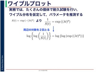 2015年度秋学期 
A.Asano,KansaiUniv.
ワイブルプロット
実務では，たくさんの個体で耐久試験を行い，
ワイブル分布を仮定して，パラメータを推測する
関数と生存関数との関係が得られます。
ード関数 l(t) を
l(t) = λp(λt)p−1
(8)
の実数），(7) 式に代入すると，
S(t) = exp −
t
0
λp(λu)p−1
du
= exp − [(λu)p
]u=t
u=0 = exp (−(λt)p
)
F(t) = 1 − S(t) = 1 − exp (−(λt)p
)
(9)
数 F(t) が得られます。このような累積分布関数をもつ確率分布をワイブル分布とよ
積分布関数には λ と p の２つのパラメータがあります。 λ が大きいとハザード関数
くなるわけですから，全ての時刻を通じて死亡する危険が大きくなり，全体として
ります。一方，p については，
）（2014 年度秋学期） 第１０回 (2014. 12. 4) http://racco.mikeneko.jp/  2/4 ページ
l(t) = λp(λt)p−1
(8)
入すると，
p −
t
0
λp(λu)p−1
du
p − [(λu)p
]u=t
u=0 = exp (−(λt)p
)
− S(t) = 1 − exp (−(λt)p
)
(9)
。このような累積分布関数をもつ確率分布をワイブル分布とよ
p の２つのパラメータがあります。 λ が大きいとハザード関数
，全ての時刻を通じて死亡する危険が大きくなり，全体として
ついては，
１０回 (2014. 12. 4) http://racco.mikeneko.jp/  2/4 ページ
より
数」をプロットし，それらの点の並びを近似する直線の傾きを求めると
ものです。
うなことがなぜできるのかは，次の計算をしてみるとわかります。(9)
1
S(t)
= exp ((λt)p
)
すから，この式の両辺の対数を２回とると
log log
1
S(t)
= log {log (exp ((λt)p
))}
= log {(λt)p
}
= p(log t + log λ)
す。そこで，Y = log(log(1/S(t))), X = log t とおくと (11) 式は Y = p
り，その傾きがパラメータ p となります。ワイブルプロットを簡単に描
t を上の Y, X のように変換した目盛りを刻んだ，「ワイブル確率紙」も
数」をプロットし，それらの点の並びを近似する直線の傾きを求めると，
ものです。
うなことがなぜできるのかは，次の計算をしてみるとわかります。(9) 式か
1
S(t)
= exp ((λt)p
)
すから，この式の両辺の対数を２回とると
log log
1
S(t)
= log {log (exp ((λt)p
))}
= log {(λt)p
}
= p(log t + log λ)
す。そこで，Y = log(log(1/S(t))), X = log t とおくと (11) 式は Y = p(X
り，その傾きがパラメータ p となります。ワイブルプロットを簡単に描け
t を上の Y, X のように変換した目盛りを刻んだ，「ワイブル確率紙」も広く
両辺の対数を２回とる
 