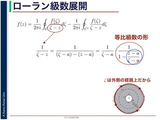 2015年度秋学期 
A.Asano,KansaiUniv.
ローラン級数展開
等比級数の形
f(z) は正則ですから，f(z) をコーシーの積分公式を用いて表すことができま
考慮すると
f(z) =
1
2πi C
f(ζ)
ζ − z
dζ −
1
2πi C′
f(ζ)
ζ − z
dζ
第１項の積分の過程では，ζ が外側の経路 C を動き，z は C の内部にある
。そこで，
1
ζ − z
=
1
(ζ − a) − (z − a)
=
1
ζ − a
·
1
1 −
z − a
ζ − a
の 2 つめの分数は初項 1，公比
z − a
ζ − a
の等比級数の和で表され，
1
ζ − z
=
1
ζ − a
1 +
z − a
ζ − a
+
z − a
ζ − a
2
+ · · ·
f(z) =
1
2πi C
f(ζ)
ζ − z
dζ −
1
2πi C′
f(ζ)
ζ − z
dζ
。
(10) 式の第１項の積分の過程では，ζ が外側の経路 C を動き，z は C
− a| です。そこで，
1
ζ − z
=
1
(ζ − a) − (z − a)
=
1
ζ − a
·
1
1 −
z − a
ζ − a
と，右辺の 2 つめの分数は初項 1，公比
z − a
ζ − a
の等比級数の和で表され，
1
ζ − z
=
1
ζ − a
1 +
z − a
ζ − a
+
z − a
ζ − a
2
+ · · ·
。同様に，(10) 式の第２項の積分の過程では，ζ が内側の経路 C′ を動き
ζ は外側の経路上だから
a
C
Cʹ
P
Q
Cʹʹ
図 2: 孤立特異点とローラン級数展開
 
