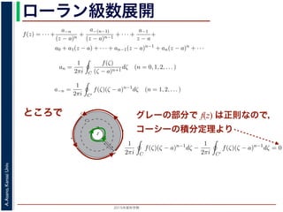 2015年度秋学期 
A.Asano,KansaiUniv.
ローラン級数展開れます。
式，(13) 式を (10) 式に代入すると，
f(z) = · · · +
a−n
(z − a)n
+
a−(n−1)
(z − a)n−1
+ · · · +
a−1
z − a
+
a0 + a1(z − a) + · · · + an−1(z − a)n−1
+ an(z − a)n
+ · · ·
(14)
an =
1
2πi C
f(ζ)
(ζ − a)n+1
dζ (n = 0, 1, 2, . . . ) (15)
a−n =
1
2πi C′
f(ζ)(ζ − a)n−1
dζ (n = 1, 2, . . . ) (16)
ます 3。
で，図 2 の円環領域で f(z) は正則なので，コーシーの積分定理により
1
2πi C
f(ζ)(ζ − a)n−1
dζ −
1
2πi C′
f(ζ)(ζ − a)n−1
dζ = 0 (17)
，これを使うと，(15) 式と (16) 式を合わせて
an =
1
2πi C
f(ζ)(ζ − a)−n−1
dζ (n = 0, ±1, ±2, . . . ) (18)
ことができます。
f(z) をこのような級数で表すことを，f(z) の孤立特異点 a のまわりのローラン (Laurent) 級数
いいます。
されます。
) 式，(13) 式を (10) 式に代入すると，
f(z) = · · · +
a−n
(z − a)n
+
a−(n−1)
(z − a)n−1
+ · · · +
a−1
z − a
+
a0 + a1(z − a) + · · · + an−1(z − a)n−1
+ an(z − a)n
+ · · ·
(14)
し
an =
1
2πi C
f(ζ)
(ζ − a)n+1
dζ (n = 0, 1, 2, . . . ) (15)
a−n =
1
2πi C′
f(ζ)(ζ − a)n−1
dζ (n = 1, 2, . . . ) (16)
ります 3。
こで，図 2 の円環領域で f(z) は正則なので，コーシーの積分定理により
1
2πi C
f(ζ)(ζ − a)n−1
dζ −
1
2πi C′
f(ζ)(ζ − a)n−1
dζ = 0 (17)
り，これを使うと，(15) 式と (16) 式を合わせて
an =
1
2πi C
f(ζ)(ζ − a)−n−1
dζ (n = 0, ±1, ±2, . . . ) (18)
すことができます。
数 f(z) をこのような級数で表すことを，f(z) の孤立特異点 a のまわりのローラン (Laurent) 級数
といいます。
数 f(z) と孤立特異点 a について，|f(z)| → ∞ (z → a) のとき，a を f(z) の極といいます。これは，
ところで
a
C
Cʹ
P
Q
Cʹʹ
図 2: 孤立特異点とローラン級数展開
となりますから，(6) 式が得られました。これをさらに z だけ（積分経路も含めて）平行移動すると，(5)
式が得られます 2。
グレーの部分で f(z) は正則なので，
コーシーの積分定理より
と表されます。
(12) 式，(13) 式を (10) 式に代入すると，
f(z) = · · · +
a−n
(z − a)n
+
a−(n−1)
(z − a)n−1
+ · · · +
a−1
z − a
+
a0 + a1(z − a) + · · · + an−1(z − a)n−1
+ an(z − a)n
ただし
an =
1
2πi C
f(ζ)
(ζ − a)n+1
dζ (n = 0, 1, 2, . . . )
a−n =
1
2πi C′
f(ζ)(ζ − a)n−1
dζ (n = 1, 2, . . . )
となります 3。
ここで，図 2 の円環領域で f(z) は正則なので，コーシーの積分定理により
1
2πi C
f(ζ)(ζ − a)n−1
dζ −
1
2πi C′
f(ζ)(ζ − a)n−1
dζ = 0
であり，これを使うと，(15) 式と (16) 式を合わせて
an =
1
2πi C
f(ζ)(ζ − a)−n−1
dζ (n = 0, ±1, ±2, . . . )
と表すことができます。
関数 f(z) をこのような級数で表すことを，f(z) の孤立特異点 a のまわりのロー
 