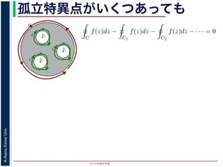 2015年度秋学期 
A.Asano,KansaiUniv.
孤立特異点がいくつあっても
b1
C
C1
b2
C2
b3
C3
図 3: 有限個の孤立特異点を含む場合
y
0
–1+i
r
x
√2
1+i
√2
–r
r+rir–ri
C
このとき，b1, b2, . . . のそれぞれを囲み C の内部にある円周を正の向きに一周
すると，これまでと同様の考えで，コーシーの積分定理により
C
f(z)dz −
C1
f(z)dz −
C2
f(z)dz − · · · = 0
ですから，
1
2πi C
f(z)dz = Res(b1; f) + Res(b2; f) + · · ·
がなりたちます。このことは，いくつかの「穴」を囲んだ閉曲線上の積分は，
数がわかれば求められることを示しています。
留数と定積分
留数の考えを使って，図 4 に示す，幅 2r・高さ r の長方形の経路 C に沿った
考えます。
1
z4 + 1
=
1
(z − 1+i√ )(z − −1+i√ )(z − −1−i√ )(z − 1−i√ )
 