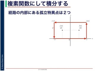 2015年度秋学期 
A.Asano,KansaiUniv.
複素関数にして積分する
経路の内部にある孤立特異点は２つ
図 3: 有限個の孤立特異点を含む場合
y
0
–1+i
r
x
√2
1+i
√2
–r
r+rir–ri
C
図 4: 留数と定積分
図 4 の経路 C の内部に入っている極は，
1 + i
√
2
,
−1 + i
√
2
だけです。ここで，(2
Res(
1 + i
√
2
; f) = lim
z→ 1+i√
2
(z −
1 + i
√
2
)f(z)
 