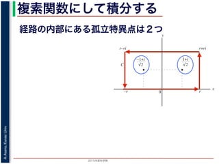 2015年度秋学期 
A.Asano,KansaiUniv.
複素関数にして積分する
経路の内部にある孤立特異点は２つ
図 3: 有限個の孤立特異点を含む場合
y
0
–1+i
r
x
√2
1+i
√2
–r
r+rir–ri
C
図 4: 留数と定積分
図 4 の経路 C の内部に入っている極は，
1 + i
√
2
,
−1 + i
√
2
だけです。ここで，(2
Res(
1 + i
√
2
; f) = lim
z→ 1+i√
2
(z −
1 + i
√
2
)f(z)
 