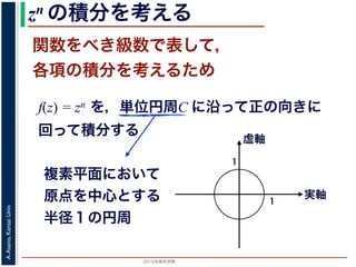 2015年度秋学期 
A.Asano,KansaiUniv.
zn の積分を考える
関数をべき級数で表して，
各項の積分を考えるため
f(z) = zn を，単位円周C に沿って正の向きに
回って積分する
複素平面において
原点を中心とする
半径１の円周
実軸
虚軸
1
1
 