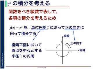 2015年度秋学期 
A.Asano,KansaiUniv.
zn の積分を考える
関数をべき級数で表して，
各項の積分を考えるため
f(z) = zn を，単位円周C に沿って正の向きに
回って積分する
複素平面において
原点を中心とする
半径１の円周
実軸
虚軸
1
1
正の向き
 