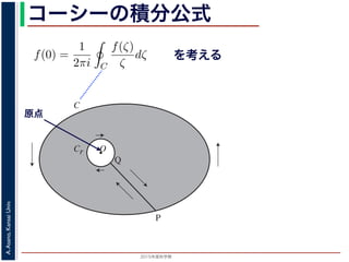 2015年度秋学期 
A.Asano,KansaiUniv.
コーシーの積分公式
f(z) =
2πi C ζ − z
dζ (5)
に z = 0 のとき，C を原点を囲み正の方向に一周する閉曲線として
f(0) =
1
2πi C
f(ζ)
ζ
dζ (6)
数 f の点 z での値は，z を囲む閉曲線上の値だけで決まってしまうこ
軟らかい板を，ぐにゃぐにゃとどこにも折り目がなく曲げたようなも
の値が周囲での値によって決まってしまう，というのは，それほど不
1 のような，原点を囲む閉曲線 C とその内側で原点を囲む半径 r の円
を考えます。関数
f(ζ)
ζ
は原点で正則ではありませんが，P から C を正
きに１周→ QP という経路を考えると，この経路は閉曲線で，その内
て，コーシーの積分定理により
Q
f(ζ) f(ζ) P
f(ζ)
を考える
O
C
Cr
P
Q
図 1: コーシーの積分公式
原点
 