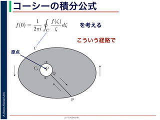 2015年度秋学期 
A.Asano,KansaiUniv.
コーシーの積分公式
f(z) =
2πi C ζ − z
dζ (5)
に z = 0 のとき，C を原点を囲み正の方向に一周する閉曲線として
f(0) =
1
2πi C
f(ζ)
ζ
dζ (6)
数 f の点 z での値は，z を囲む閉曲線上の値だけで決まってしまうこ
軟らかい板を，ぐにゃぐにゃとどこにも折り目がなく曲げたようなも
の値が周囲での値によって決まってしまう，というのは，それほど不
1 のような，原点を囲む閉曲線 C とその内側で原点を囲む半径 r の円
を考えます。関数
f(ζ)
ζ
は原点で正則ではありませんが，P から C を正
きに１周→ QP という経路を考えると，この経路は閉曲線で，その内
て，コーシーの積分定理により
Q
f(ζ) f(ζ) P
f(ζ)
を考える
O
C
Cr
P
Q
図 1: コーシーの積分公式
原点
こういう経路で
 