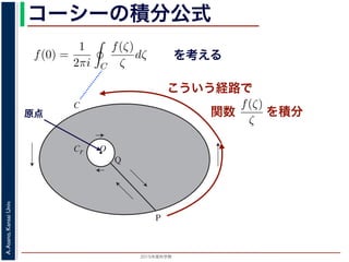 2015年度秋学期 
A.Asano,KansaiUniv.
コーシーの積分公式
f(z) =
2πi C ζ − z
dζ (5)
に z = 0 のとき，C を原点を囲み正の方向に一周する閉曲線として
f(0) =
1
2πi C
f(ζ)
ζ
dζ (6)
数 f の点 z での値は，z を囲む閉曲線上の値だけで決まってしまうこ
軟らかい板を，ぐにゃぐにゃとどこにも折り目がなく曲げたようなも
の値が周囲での値によって決まってしまう，というのは，それほど不
1 のような，原点を囲む閉曲線 C とその内側で原点を囲む半径 r の円
を考えます。関数
f(ζ)
ζ
は原点で正則ではありませんが，P から C を正
きに１周→ QP という経路を考えると，この経路は閉曲線で，その内
て，コーシーの積分定理により
Q
f(ζ) f(ζ) P
f(ζ)
を考える
O
C
Cr
P
Q
図 1: コーシーの積分公式
原点
こういう経路で
を積分
シーの積分公式は，領域 D で正則な関数 f の点 z における値 f(z) が，
周する閉曲線 C に沿った積分を使って
f(z) =
1
2πi C
f(ζ)
ζ − z
dζ
れるというものです。とくに z = 0 のとき，C を原点を囲み正の方向に
f(0) =
1
2πi C
f(ζ)
ζ
dζ
ます。この公式は，正則関数 f の点 z での値は，z を囲む閉曲線上の値
しています。正則関数を「軟らかい板を，ぐにゃぐにゃとどこにも折り
考えれば，ある点での関数の値が周囲での値によって決まってしまう，
はありません。
式の意味を考えるため，図 1 のような，原点を囲む閉曲線 C とその内側
れに両者を結ぶ線分 PQ を考えます。関数
f(ζ)
ζ
は原点で正則ではあり
に１周→ PQ → C を逆向きに１周→ QP という経路を考えると，この
関数
 