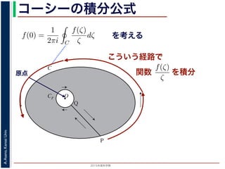 2015年度秋学期 
A.Asano,KansaiUniv.
コーシーの積分公式
f(z) =
2πi C ζ − z
dζ (5)
に z = 0 のとき，C を原点を囲み正の方向に一周する閉曲線として
f(0) =
1
2πi C
f(ζ)
ζ
dζ (6)
数 f の点 z での値は，z を囲む閉曲線上の値だけで決まってしまうこ
軟らかい板を，ぐにゃぐにゃとどこにも折り目がなく曲げたようなも
の値が周囲での値によって決まってしまう，というのは，それほど不
1 のような，原点を囲む閉曲線 C とその内側で原点を囲む半径 r の円
を考えます。関数
f(ζ)
ζ
は原点で正則ではありませんが，P から C を正
きに１周→ QP という経路を考えると，この経路は閉曲線で，その内
て，コーシーの積分定理により
Q
f(ζ) f(ζ) P
f(ζ)
を考える
O
C
Cr
P
Q
図 1: コーシーの積分公式
原点
こういう経路で
を積分
シーの積分公式は，領域 D で正則な関数 f の点 z における値 f(z) が，
周する閉曲線 C に沿った積分を使って
f(z) =
1
2πi C
f(ζ)
ζ − z
dζ
れるというものです。とくに z = 0 のとき，C を原点を囲み正の方向に
f(0) =
1
2πi C
f(ζ)
ζ
dζ
ます。この公式は，正則関数 f の点 z での値は，z を囲む閉曲線上の値
しています。正則関数を「軟らかい板を，ぐにゃぐにゃとどこにも折り
考えれば，ある点での関数の値が周囲での値によって決まってしまう，
はありません。
式の意味を考えるため，図 1 のような，原点を囲む閉曲線 C とその内側
れに両者を結ぶ線分 PQ を考えます。関数
f(ζ)
ζ
は原点で正則ではあり
に１周→ PQ → C を逆向きに１周→ QP という経路を考えると，この
関数
 