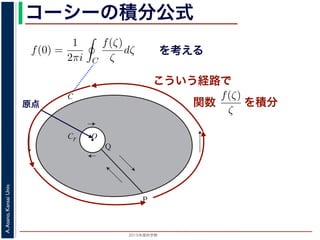 2015年度秋学期 
A.Asano,KansaiUniv.
コーシーの積分公式
f(z) =
2πi C ζ − z
dζ (5)
に z = 0 のとき，C を原点を囲み正の方向に一周する閉曲線として
f(0) =
1
2πi C
f(ζ)
ζ
dζ (6)
数 f の点 z での値は，z を囲む閉曲線上の値だけで決まってしまうこ
軟らかい板を，ぐにゃぐにゃとどこにも折り目がなく曲げたようなも
の値が周囲での値によって決まってしまう，というのは，それほど不
1 のような，原点を囲む閉曲線 C とその内側で原点を囲む半径 r の円
を考えます。関数
f(ζ)
ζ
は原点で正則ではありませんが，P から C を正
きに１周→ QP という経路を考えると，この経路は閉曲線で，その内
て，コーシーの積分定理により
Q
f(ζ) f(ζ) P
f(ζ)
を考える
O
C
Cr
P
Q
図 1: コーシーの積分公式
原点
こういう経路で
を積分
シーの積分公式は，領域 D で正則な関数 f の点 z における値 f(z) が，
周する閉曲線 C に沿った積分を使って
f(z) =
1
2πi C
f(ζ)
ζ − z
dζ
れるというものです。とくに z = 0 のとき，C を原点を囲み正の方向に
f(0) =
1
2πi C
f(ζ)
ζ
dζ
ます。この公式は，正則関数 f の点 z での値は，z を囲む閉曲線上の値
しています。正則関数を「軟らかい板を，ぐにゃぐにゃとどこにも折り
考えれば，ある点での関数の値が周囲での値によって決まってしまう，
はありません。
式の意味を考えるため，図 1 のような，原点を囲む閉曲線 C とその内側
れに両者を結ぶ線分 PQ を考えます。関数
f(ζ)
ζ
は原点で正則ではあり
に１周→ PQ → C を逆向きに１周→ QP という経路を考えると，この
関数
 