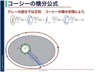 2015年度秋学期 
A.Asano,KansaiUniv.
コーシーの積分公式
O
C
Cr
P
Q
グレーの部分では正則 コーシーの積分定理により，
両者を結ぶ線分 PQ を考えます。関数
ζ
は原点で正則ではありませんが，P か
周→ PQ → Cr を逆向きに１周→ QP という経路を考えると，この経路は閉曲線
ζ)
は正則です。よって，コーシーの積分定理により
C
f(ζ)
ζ
dζ +
Q
P
f(ζ)
ζ
dζ +
−Cr
f(ζ)
ζ
dζ +
P
Q
f(ζ)
ζ
dζ = 0
の積分と Q → P の積分は打ち消し合い，−Cr（Cr の負の方向）に沿った積分は
に沿った積分 となるので，
C
f(ζ)
ζ
dζ =
Cr
f(ζ)
ζ
dζ
。r → 0 のとき，上式の右辺は
Cr
f(0)
ζ
dζ に収束し 1，前節で説明した
1
z
の積分
Cr
f(0)
ζ
dζ = f(0)
Cr
1
ζ
dζ = 2πif(0)
するのかは，参考文献を参照してください。
数学（解析）（2014 年度春学期） 第１４回 (2015. 1. 8) http://racco.mikeneko.jp
 