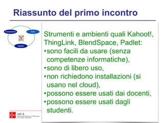5
Riassunto del primo incontro
Strumenti e ambienti quali Kahoot!,
ThingLink, BlendSpace, Padlet:
•sono facili da usare (senza
competenze informatiche),
•sono di libero uso,
•non richiedono installazioni (si
usano nel cloud),
•possono essere usati dai docenti,
•possono essere usati dagli
studenti.
 