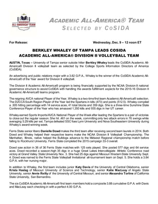 For Release: Wednesday, Dec. 9 – 12 noon ET
BERKLEY WHALEY OF TAMPA LEADS COSIDA
ACADEMIC ALL-AMERICA® DIVISION II VOLLEYBALL TEAM
AUSTIN, Texas – University of Tampa senior outside hitter Berkley Whaley leads the CoSIDA Academic All-
America® Division II volleyball team as selected by the College Sports Information Directors of America
(CoSIDA).
An advertising and public relations major with a 3.82 G.P.A., Whaley is the winner of the CoSIDA Academic All-
America® of the Year award for Division II volleyball.
The Division II Academic All-America® program is being financially supported by the NCAA Division II national
governance structure to assist CoSIDA with handling the awards fulfillment aspects for the 2015-16 Division II
Academic All-America® teams program.
The reigning AVCA national Player of the Year, Whaley is a two-timefirst team Academic All-America® selection.
The D2CCASouth Region Player of the Year led the Spartans in kills (473) and points (512.5). Whaley compiled
a .305 hitting percentage with 14 service aces, 41 total blocks and 359 digs. She is a three-time Sunshine State
Conference Player of the Year who has amassed 1,350 kills and 935 digs in her UT career.
Whaley earned Sports Imports/AVCA National Player of the Week after leading the Spartans to a pair of victories
to close out the regular season. She hit .461 on the week, committing only two attack errors in 76 swings while
averaging 5.29 kills per set. Tampa defeated SSC foes Lynn University and Nova Southeastern University during
Whaley’s award-winning week.
Ferris State senior libero Danielle Dowd makes the third team after receiving second team laurels in 2014. Both
Dowd and Whaley helped their respective teams make the NCAA Division II Volleyball Championship. The
Manhattan, Illinois, native helped the Bulldogs advance to the Midwest Regional championship match before
falling to Rockhurst University. Ferris State completed the 2015 campaign 33-3 overall.
Dowd saw action in 36 of 36 Ferris State matches with 125 sets played. She posted 577 digs and 64 service
aces. Dowd recorded a season-high 35 digs in a huge Great Lakes Intercollegiate Athletic Conference road
victory at Grand Valley State University Nov. 3. She had 25 digs against Missouri WesternState University Sept.
4. Dowd was named to the Ferris State Volleyball Invitational all-tournament team on Sept. 5. She holds a 3.84
G.P.A. with her nursing major.
In addition to Whaley, the first team includes junior Katy Davis of the University of Central Oklahoma, senior
Krista Haslag of Missouri University of Science and Technology, senior Katie MacLeay of Angelo State
University, senior Annie Reilly of the University of Central Missouri, and senior Alexandra Torline of California
State University, San Bernardino.
The six CoSIDA Academic All-America® first team members hold a composite 3.88 cumulative G.P.A. with Davis
and MacLeay each checking in with a perfect 4.00 G.P.A.
ACADEMIC ALL-AMERICA® TEAM
S E L E C T E D B Y C O S I DA
FOR RELEASE: Wednesday, February 25 – 12 noon (EDT)
Please visit the Capital One Academic All-America® website
http://www.capitaloneacademicallamerica.com/
 