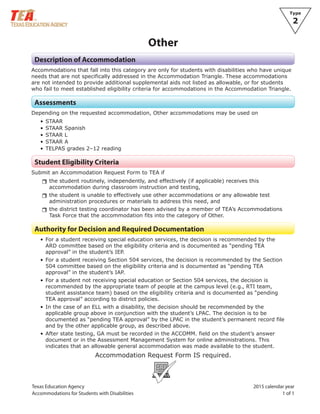 Texas Education Agency
Accommodations for Students with Disabilities
Type
2
2015 calendar year
1 of 1
Other
Description of Accommodation
Accommodations that fall into this category are only for students with disabilities who have unique
needs that are not specifically addressed in the Accommodation Triangle. These accommodations
are not intended to provide additional supplemental aids not listed as allowable, or for students
who fail to meet established eligibility criteria for accommodations in the Accommodation Triangle.
Assessments
Depending on the requested accommodation, Other accommodations may be used on
• STAAR
• STAAR Spanish
• STAAR L
• STAAR A
• TELPAS grades 2–12 reading
Student Eligibility Criteria
Submit an Accommodation Request Form to TEA if
rrthe student routinely, independently, and effectively (if applicable) receives this
accommodation during classroom instruction and testing,
rrthe student is unable to effectively use other accommodations or any allowable test
administration procedures or materials to address this need, and
rrthe district testing coordinator has been advised by a member of TEA’s Accommodations
Task Force that the accommodation fits into the category of Other.
Authority for Decision and Required Documentation
• For a student receiving special education services, the decision is recommended by the
ARD committee based on the eligibility criteria and is documented as “pending TEA
approval” in the student’s IEP.
• For a student receiving Section 504 services, the decision is recommended by the Section
504 committee based on the eligibility criteria and is documented as “pending TEA
approval” in the student’s IAP.
• For a student not receiving special education or Section 504 services, the decision is
recommended by the appropriate team of people at the campus level (e.g., RTI team,
student assistance team) based on the eligibility criteria and is documented as “pending
TEA approval” according to district policies.
• In the case of an ELL with a disability, the decision should be recommended by the
applicable group above in conjunction with the student’s LPAC. The decision is to be
documented as “pending TEA approval” by the LPAC in the student’s permanent record file
and by the other applicable group, as described above.
• After state testing, GA must be recorded in the ACCOMM. field on the student’s answer
document or in the Assessment Management System for online administrations. This
indicates that an allowable general accommodation was made available to the student.
Accommodation Request Form IS required.
ARF
 