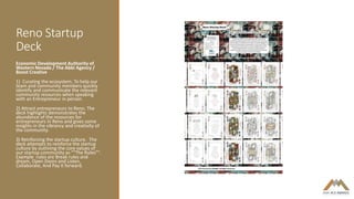 Reno Startup
Deck
Economic Development Authority of
Western Nevada / The Abbi Agency /
Boost Creative
1) Curating the ecosystem. To help our
team and community members quickly
identify and communicate the relevant
community resources when speaking
with an Entrepreneur in person.
2) Attract entrepreneurs to Reno. The
deck highlights demonstrates the
abundance of the resources for
entrepreneurs in Reno and gives some
insights in the vibrancy and creativity of
the community.
3) Reinforcing the startup culture. The
deck attempts to reinforce the startup
culture by outlining the core values of
our startup community as ""The Rules"".
Example rules are Break rules and
dream, Open Doors and Listen,
Collaborate, And Pay it forward.
 