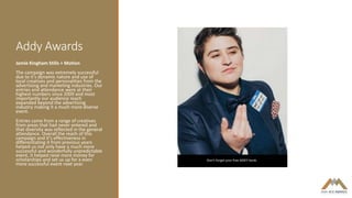 Addy Awards
Jamie Kingham Stills + Motion
The campaign was extremely successful
due to it's dynamic nature and use of
local creatives and personalities from the
advertising and marketing industries. Our
entries and attendance were at their
highest numbers since 2009 and most
importantly our audience reach
expanded beyond the advertising
industry making it a much more diverse
event.
Entries came from a range of creatives
from areas that had never entered and
that diversity was reflected in the general
attendance. Overall the reach of this
campaign and it's effectiveness in
differentiating it from previous years
helped us not only have a much more
successful and wonderfully unpredictable
event, it helped raise more money for
scholarships and set us up for a even
more successful event next year.
 