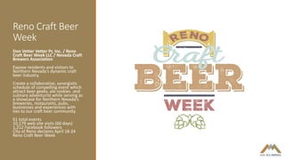 Reno Craft Beer
Week
Don Vetter Vetter Pr, Inc. / Reno
Craft Beer Week LLC / Nevada Craft
Brewers Association
Expose residents and visitors to
Northern Nevada's dynamic craft
beer industry.
Create a collaborative, synergistic
schedule of compelling event which
attract beer geeks, ale rookies and
culinary adventurist while serving as
a showcase for Northern Nevada’s
breweries, restaurants, pubs,
businesses and experiences with
ties to our craft beer community.
61 total events
10,179 web site visits (60 days)
1,212 Facebook followers
City of Reno declares April 18-24
Reno Craft Beer Week
 