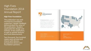 High Fives
Foundation 2014
Annual Report
High Fives Foundation
The publication was well
received by Foundation
supporters. Reader feedback
demonstrated the value of
the publication. Readers
applauded the design and
esthetic of the publication,
as well as athlete features
and fund disbursement.
Two thousand, five hundred
copies were printed and
shared with donors,
prospective donors and
Foundation partners.
 