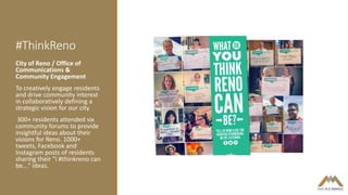 #ThinkReno
City of Reno / Office of
Communications &
Community Engagement
To creatively engage residents
and drive community interest
in collaboratively defining a
strategic vision for our city
300+ residents attended six
community forums to provide
insightful ideas about their
visions for Reno. 1000+
tweets, Facebook and
Instagram posts of residents
sharing their "i #thinkreno can
be..." ideas.
 