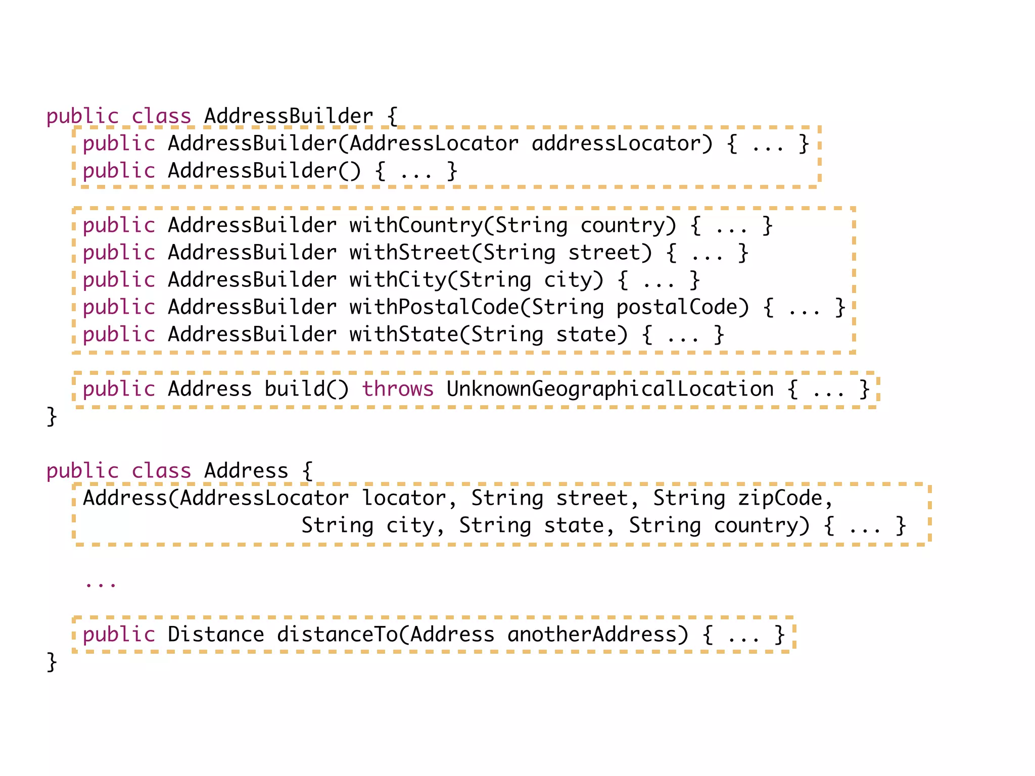 public class AddressBuilder {
public AddressBuilder(AddressLocator addressLocator) { ... }
public AddressBuilder() { ... }
public AddressBuilder withCountry(String country) { ... }
public AddressBuilder withStreet(String street) { ... }
public AddressBuilder withCity(String city) { ... }
public AddressBuilder withPostalCode(String postalCode) { ... }
public AddressBuilder withState(String state) { ... }
public Address build() throws UnknownGeographicalLocation { ... }
}
public class Address {
Address(AddressLocator locator, String street, String zipCode,
String city, String state, String country) { ... }
...
public Distance distanceTo(Address anotherAddress) { ... }
}
 