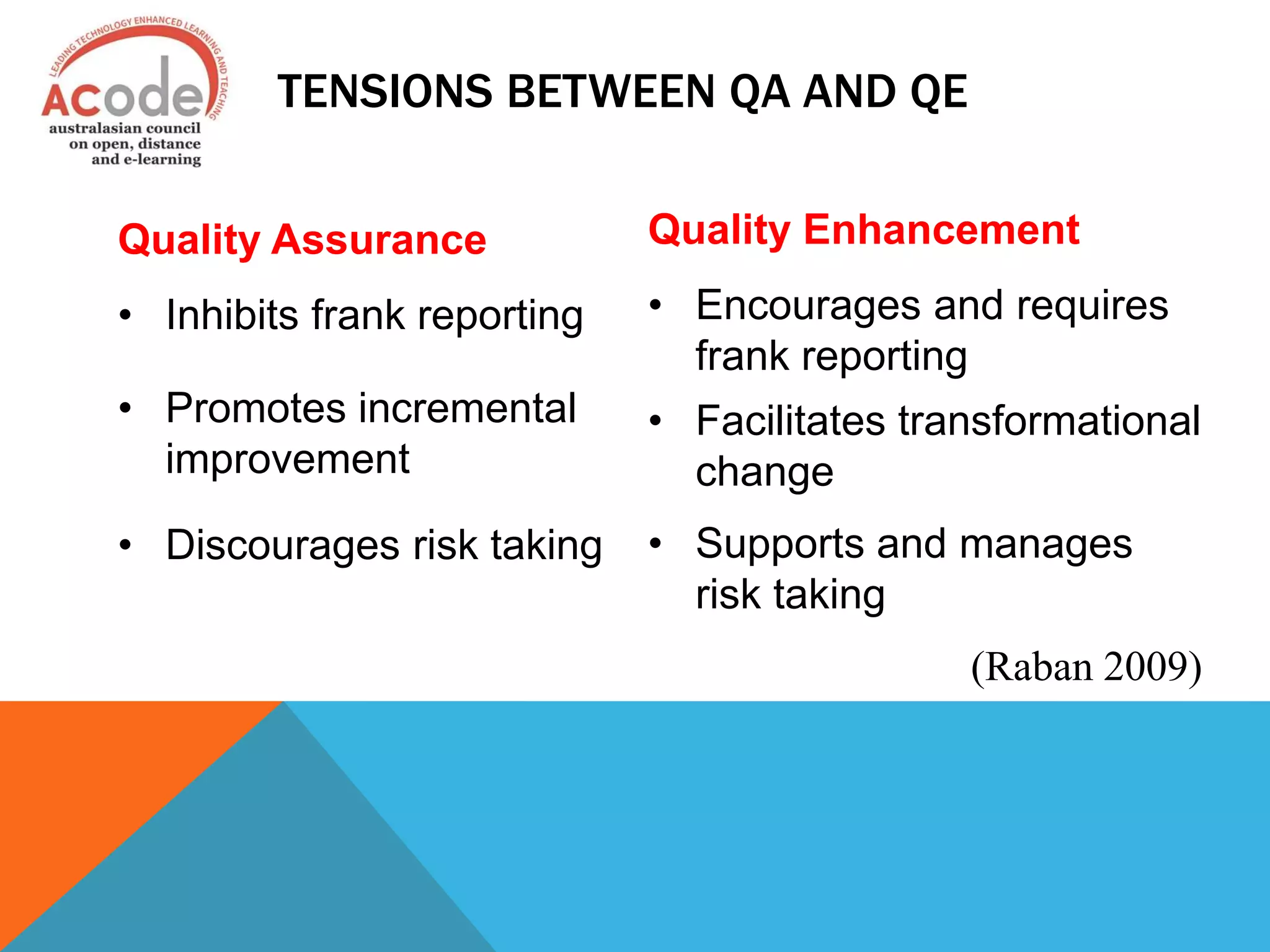 TENSIONS BETWEEN QA AND QE
Quality Assurance
• Inhibits frank reporting
• Promotes incremental
improvement
• Discourages risk taking
Quality Enhancement
• Encourages and requires
frank reporting
• Facilitates transformational
change
• Supports and manages
risk taking
(Raban 2009)
 