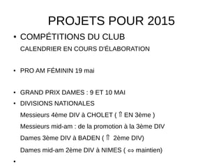 PROJETS POUR 2015
● COMPÉTITIONS DU CLUB
CALENDRIER EN COURS D'ÉLABORATION
● PRO AM FÉMININ 19 mai
● GRAND PRIX DAMES : 9 ET 10 MAI
● DIVISIONS NATIONALES
Messieurs 4ème DIV à CHOLET (  EN 3ème )
Messieurs mid-am : de la promotion à la 3ème DIV
Dames 3ème DIV à BADEN (  2ème DIV)
Dames mid-am 2ème DIV à NIMES (  maintien)
●
 