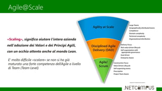 Agile@Scale
«Scaling», significa aiutare l’intera azienda
nell‘adozione dei Valori e dei Principi Agili,
con un occhio attento anche al mondo Lean.
E’ molto difficile «scalare» se non si ha già
maturato una forte competenza dell’Agile a livello
di Team (Team Level)
 
