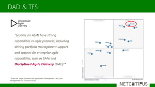 DAD & TFS
“Leaders (in ALM) have strong
capabilities in agile practices, including
driving portfolio management support
and support for enterprise agile
capabilities, such as SAFe and
Disciplined Agile Delivery (DAD)”*
* Tratto da: Magic Quadrant for Application Development Life Cycle
Management (11 Febbraio 2015)
 
