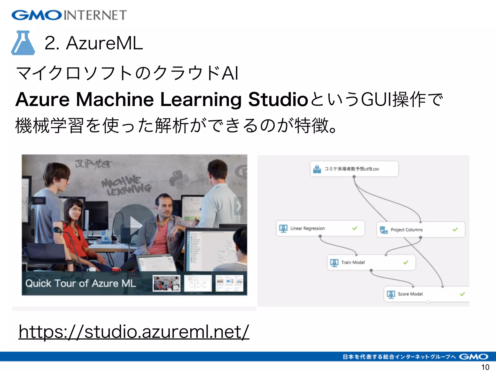 2. AzureML
マイクロソフトのクラウドAI
Azure Machine Learning StudioというGUI操作で
機械学習を使った解析ができるのが特徴。
https://studio.azureml.net/
10
 