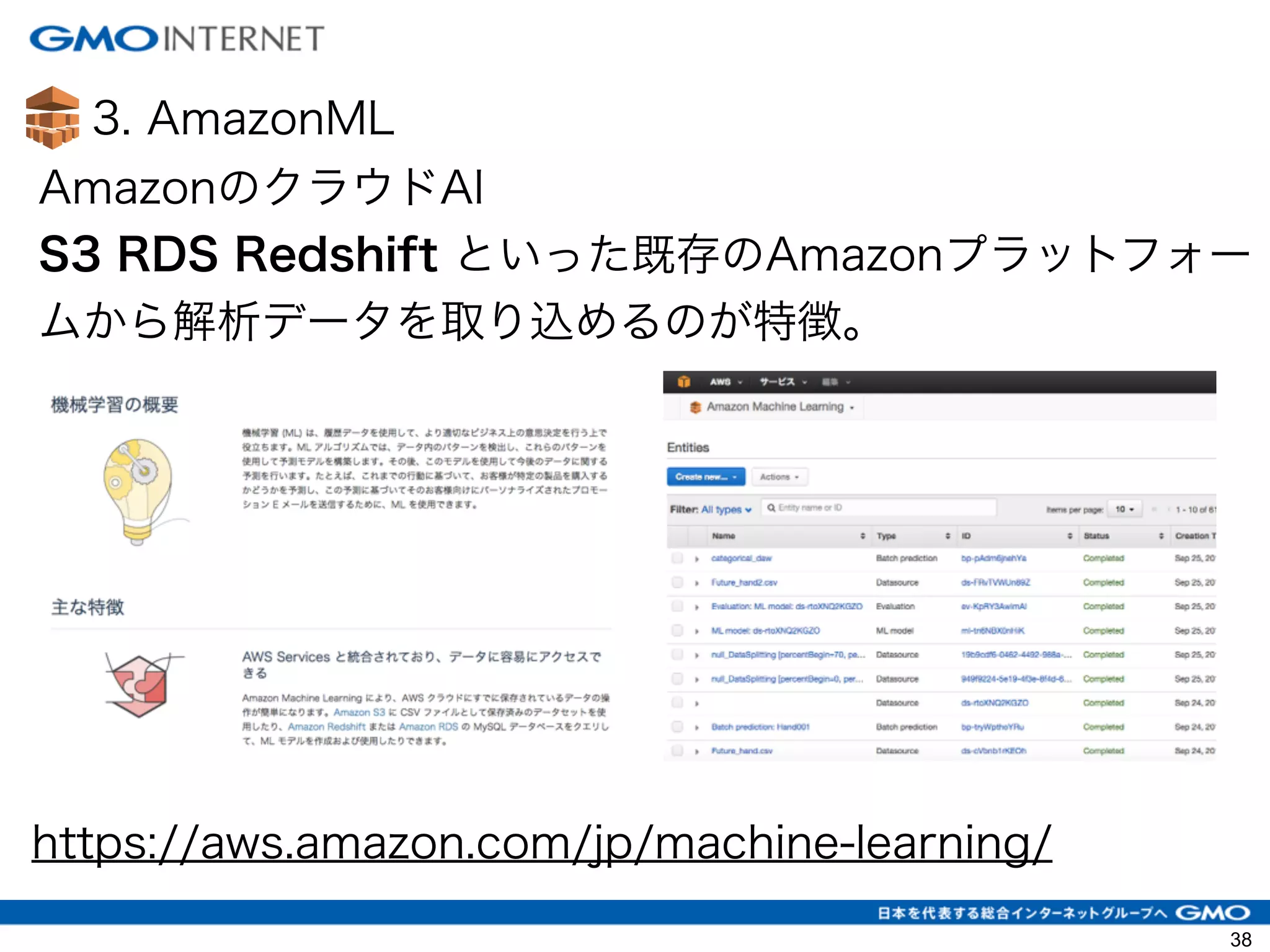 3. AmazonML
AmazonのクラウドAI
S3 RDS Redshift といった既存のAmazonプラットフォー
ムから解析データを取り込めるのが特徴。
https://aws.amazon.com/jp/machine-learning/
38
 