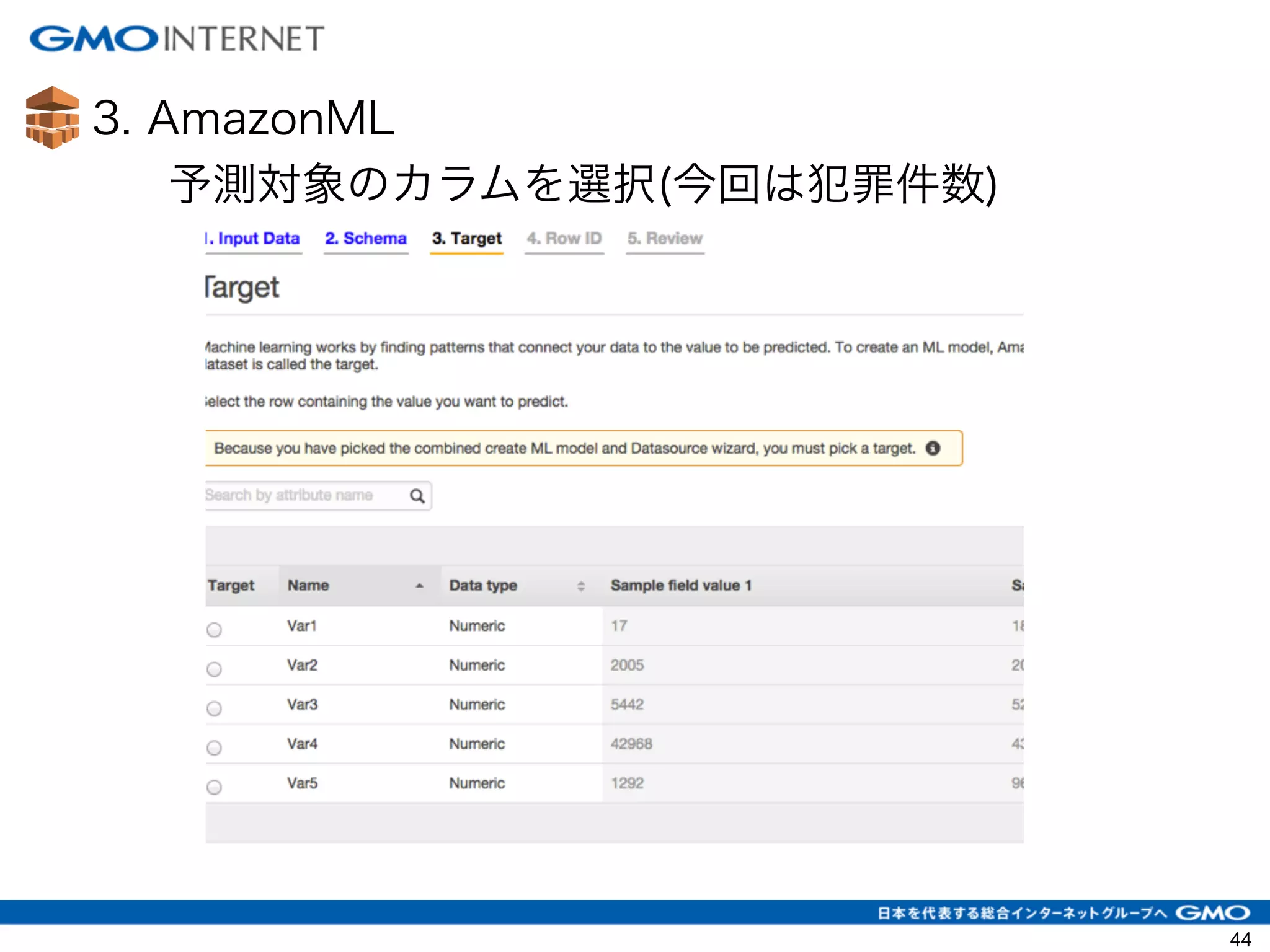 3. AmazonML
44
予測対象のカラムを選択(今回は犯罪件数)
 