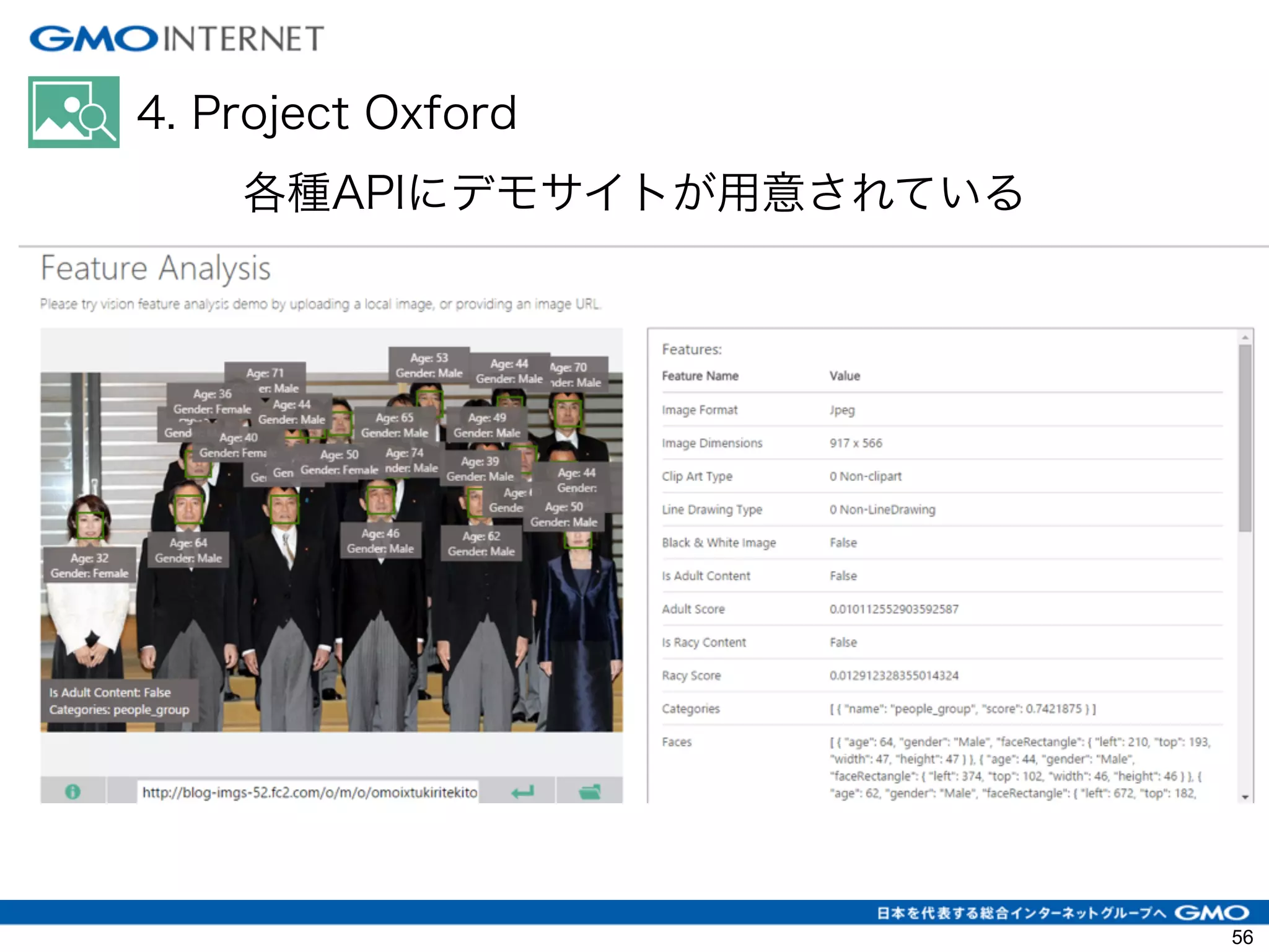 4. Project Oxford
各種APIにデモサイトが用意されている
56
 