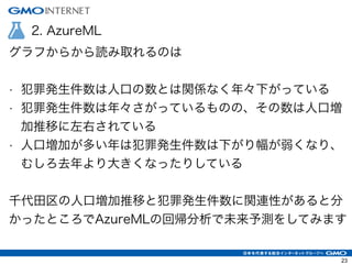 2. AzureML
グラフからから読み取れるのは
!
• 犯罪発生件数は人口の数とは関係なく年々下がっている
• 犯罪発生件数は年々さがっているものの、その数は人口増
加推移に左右されている
• 人口増加が多い年は犯罪発生件数は下がり幅が弱くなり、
むしろ去年より大きくなったりしている
!
千代田区の人口増加推移と犯罪発生件数に関連性があると分
かったところでAzureMLの回帰分析で未来予測をしてみます
23
 