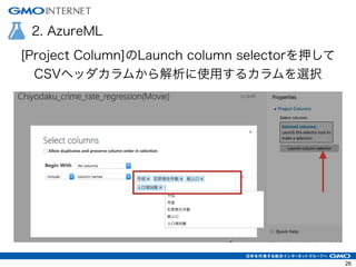 2. AzureML
[Project Column]のLaunch column selectorを押して
CSVヘッダカラムから解析に使用するカラムを選択
26
 