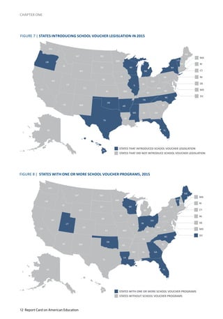 12 Report Card on American Education
CHAPTER ONE
FIGURE 7 | STATES INTRODUCING SCHOOL VOUCHER LEGISLATION IN 2015
FIGURE 8 | STATES WITH ONE OR MORE SCHOOL VOUCHER PROGRAMS, 2015
STATES THAT INTRODUCED SCHOOL VOUCHER LEGISLATION
STATES THAT DID NOT INTRODUCE SCHOOL VOUCHER LEGISLATION
STATES WITH ONE OR MORE SCHOOL VOUCHER PROGRAMS
STATES WITHOUT SCHOOL VOUCHER PROGRAMS
 
