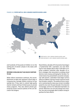 www.alec.org 19
EDUCATION REFORM: A YEAR IN REVIEW
FIGURE 13 | STATES WITH A- OR B- GRADED CHARTER SCHOOL LAWS
and hundreds of thousands of children sit on the
waiting lists of charter schools in the states with
“strong” laws.
REFORM IS ROLLING BUT HAS MUCH FARTHER
TO GO
While reform momentum continues, the accom-
plishments to date only represent critical steps in
a long journey. Average children continue to face
waiting lists if they want to attend high-quality
charter schools and have limited access to private
choice programs. They also attend schools gov-
erned by human resource policies of the sort de-
cried in the Vergara.
STATES WITH A- OR B- GRADED CHARTER SCHOOL LAWS
STATES WITHOUT A- OR B- GRADED CHARTER SCHOOL LAWS
Nevertheless, decades of K-12 practice have begun
a fundamental shift. Lawmakers are now think-
ing far more deeply about what it will take to im-
prove academic outcomes after decades of re-
form strategies that amounted to sending school
districts more money and hoping for the best. Pa-
rental choice has proved both successful and pop-
ular with parents. Lawmakers have begun serious
efforts to address injurious human resource issues
that threaten students. The political forces invest-
ed in maintaining the status quo remain incredibly
powerful, but over the past decade it has become
increasingly common for dedicated lawmakers to
prevail. Reformers are not only seeing more victo-
ries, but also increasingly able to obtain strong bi-
partisan for their efforts.
 