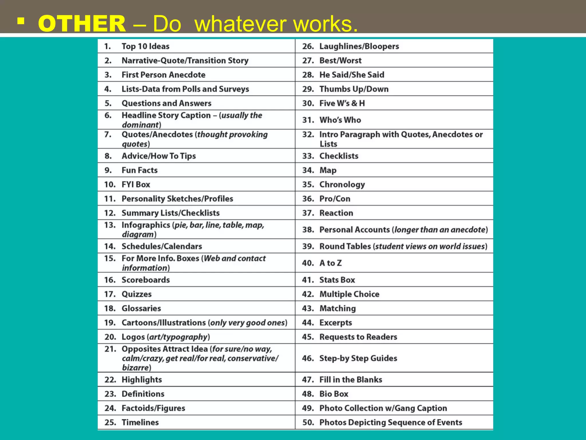  OTHER – Do whatever works.
 