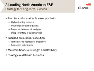 A Leading North American E&P
 Premier and sustainable asset portfolio
— High-returning projects
— Positioned in top-tier basins
— Balanced between oil and gas
— Deep inventory of opportunities
 Focused on superior execution
— Technical and operational excellence
— Production optimization
 Maintain financial strength and flexibility
 Strategic midstream business
20
Strategy for Long-Term Success
 
