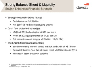 Strong Balance Sheet & Liquidity
 Strong investment-grade ratings
• Cash balances: $1.5 billion
• Net debt(1): $7.8 billion (excluding EnLink)
 Cash flow protected by hedges
• >50% of 2015 oil protected at $91 per barrel
• ≈40% of 2015 gas protected at $4.17 per Mcf
• Fair market value of hedges: ≈$2 billion (12/31/14)
 The EnLink Midstream advantage
• Equity ownership interest valued in ENLK and ENLC at >$7 billion
• Cash distributions from EnLink could reach ≈$300 million in 2015
• Midstream asset dropdown potential
26
EnLink Enhances Financial Strength
(1) Net debt is a Non-GAAP measure defined as total debt less cash and cash equivalents and debt attributable to the consolidation of EnLink
Midstream.
Information on this page is as of March 20, 2015
 