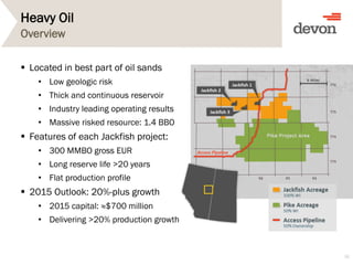 Heavy Oil
 Located in best part of oil sands
• Low geologic risk
• Thick and continuous reservoir
• Industry leading operating results
• Massive risked resource: 1.4 BBO
 Features of each Jackfish project:
• 300 MMBO gross EUR
• Long reserve life >20 years
• Flat production profile
 2015 Outlook: 20%-plus growth
• 2015 capital: ≈$700 million
• Delivering >20% production growth
30
Overview
 