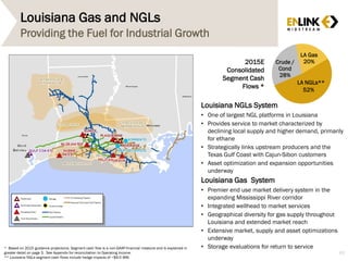 Louisiana Gas and NGLs
62
Providing the Fuel for Industrial Growth
$114
$126
$132
$114
2015E
Consolidated
Segment Cash
Flows *
LA Gas
20%
52%
Crude /
Cond
28%
LA NGLs**
* Based on 2015 guidance projections. Segment cash flow is a non-GAAP financial measure and is explained in
greater detail on page 3. See Appendix for reconciliation to Operating Income.
** Louisiana NGLs segment cash flows include hedge impacts of ~$9.0 MM.
Louisiana NGLs System
• One of largest NGL platforms in Louisiana
• Provides service to market characterized by
declining local supply and higher demand, primarily
for ethane
• Strategically links upstream producers and the
Texas Gulf Coast with Cajun-Sibon customers
• Asset optimization and expansion opportunities
underway
Louisiana Gas System
• Premier end use market delivery system in the
expanding Mississippi River corridor
• Integrated wellhead to market services
• Geographical diversity for gas supply throughout
Louisiana and extended market reach
• Extensive market, supply and asset optimizations
underway
• Storage evaluations for return to service
 