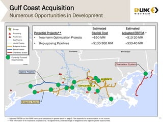 Gulf Coast Acquisition
Numerous Opportunities in Development
Estimated Estimated
Potential Projects** Capital Cost Adjusted EBITDA *
• Near-term Optimization Projects ~$50 MM ~$10-20 MM
• Repurposing Pipelines ~$130-300 MM ~$30-40 MM
Currently Pursued
Opportunities
65* Adjusted EBITDA is a Non-GAAP metric and is explained in greater detail on page 3. See Appendix for a reconciliation to net income.
** This information is for illustrative purposes only. No agreements, understandings or obligations exist regarding these opportunities.
 