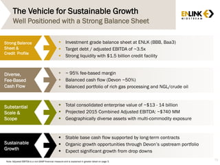 Sustainable
Growth
Substantial
Scale &
Scope
Diverse,
Fee-Based
Cash Flow
Strong Balance
Sheet &
Credit Profile
The Vehicle for Sustainable Growth
73
Well Positioned with a Strong Balance Sheet
 Investment grade balance sheet at ENLK (BBB, Baa3)
 Target debt / adjusted EBITDA of ~3.5x
 Strong liquidity with $1.5 billion credit facility
 ~ 95% fee-based margin
 Balanced cash flow (Devon ~50%)
 Balanced portfolio of rich gas processing and NGL/crude oil
 Total consolidated enterprise value of ~$13 - 14 billion
 Projected 2015 Combined Adjusted EBITDA: ~$740 MM
 Geographically diverse assets with multi-commodity exposure
 Stable base cash flow supported by long-term contracts
 Organic growth opportunities through Devon’s upstream portfolio
 Expect significant growth from drop downs
Note: Adjusted EBITDA is a non-GAAP financial measure and is explained in greater detail on page 3.
 