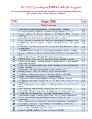 2015 IEEE Java Projects,TMKS InfoTech, Bangalore
#1510,Sri Gowri Shankara Complex, 2nd Floor,MKKRoad, Near Harishchandra Ghat, Mariyappanapalya, Rajajinagar 2nd
Stage, Bangalore - 560021. Contact:: K.Manjunath -- 09535866270
Sl.No Project Title Year
Cloud Computing
1 Identity-based Encryption with Outsourced Revocation in Cloud Computing 2015
2 Cloud Armor Supporting Reputation-based Trust Management for Cloud Services 2015
3 Innovative Schemes for Resource Allocation in the Cloud for Media Streaming
Applications
2015
4 Space-efficient Verifiable Secret Sharing Using Polynomial Interpolation 2015
5 Service Operator-aware Trust Scheme for Resource Matchmaking across Multiple Clouds 2015
6 Cost-Minimizing Dynamic Migration of Content Distribution Services into Hybrid
Clouds
2015
7 Control Cloud Data Access Privilege and Anonymity With Fully Anonymous Attribute
Based Encryption
2015
8 A Profit Maximization Scheme with Guaranteed Quality of Service in Cloud Computing 2015
9 A Secure and Dynamic Multi-keyword Ranked Search Scheme over Encrypted Cloud
Data
2015
10 Audit Free Cloud Storage via Deniable Attribute based Encryption 2015
11 CHARM: A Cost-efficient Multi cloud Data Hosting Scheme with High Availability 2015
12 Demystifying the Clouds: Harnessing Resource Utilization Models for Cost Effective
Infrastructure Alternatives
2015
13 Circuit Cipher text-policy Attribute-based Hybrid Encryption with Verifiable Delegation
in Cloud Computing
2015
14 Energy-Efficient Fault-Tolerant Data Storage and Processing in Mobile Cloud 2015
15 Combining Efficiency, Fidelity, and Flexibility in Resource Information Services 2015
16 Cost-Effective Authentic and Anonymous Data Sharing with Forward Security 2015
17 Enabling Cloud Storage Auditing with Key Exposure Resistance 2015
18 Energy-aware Load Balancing and Application Scaling for the Cloud Ecosystem 2015
19 Key-Aggregate Searchable Encryption (KASE) for Group Data Sharing via Cloud
Storage
2015
20 OPoR: Enabling Proof of Retrievability in Cloud Computing with Resource-Constrained
Devices
2015
21 Privacy Preserving Public Auditing for Regenerating Code Based Cloud Storage 2015
22 Panda: Public Auditing for Shared Data with Efficient User Revocation in the Cloud 2015
23 Provable Multi copy Dynamic Data Possession in Cloud Computing Systems 2015
24 Public Integrity Auditing for Shared Dynamic Cloud Data with Group User Revocation 2015
25 Reactive Resource Provisioning Heuristics for Dynamic Data flows on Cloud
Infrastructure
2015
26 Shared Authority Based Privacy-preserving Authentication Protocol in Cloud Computing 2015
27 Reducing Fragmentation for In-line De duplication Backup Storage via Exploiting
Backup History and Cache Knowledge
2015
28 Secure Auditing and De duplicating Data in Cloud 2015
29 Secure Distributed De duplication Systems with Improved Reliability 2015
 