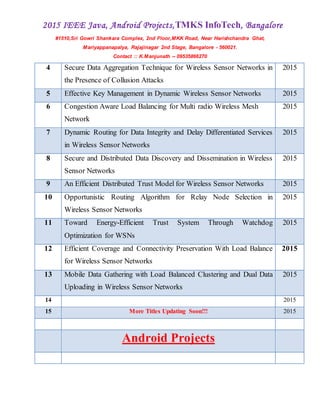 2015 IEEE Java, Android Projects,TMKS InfoTech, Bangalore
#1510,Sri Gowri Shankara Complex, 2nd Floor,MKK Road, Near Harishchandra Ghat,
Mariyappanapalya, Rajajinagar 2nd Stage, Bangalore - 560021.
Contact :: K.Manjunath -- 09535866270
4 Secure Data Aggregation Technique for Wireless Sensor Networks in
the Presence of Collusion Attacks
2015
5 Effective Key Management in Dynamic Wireless Sensor Networks 2015
6 Congestion Aware Load Balancing for Multi radio Wireless Mesh
Network
2015
7 Dynamic Routing for Data Integrity and Delay Differentiated Services
in Wireless Sensor Networks
2015
8 Secure and Distributed Data Discovery and Dissemination in Wireless
Sensor Networks
2015
9 An Efficient Distributed Trust Model for Wireless Sensor Networks 2015
10 Opportunistic Routing Algorithm for Relay Node Selection in
Wireless Sensor Networks
2015
11 Toward Energy-Efficient Trust System Through Watchdog
Optimization for WSNs
2015
12 Efficient Coverage and Connectivity Preservation With Load Balance
for Wireless Sensor Networks
2015
13 Mobile Data Gathering with Load Balanced Clustering and Dual Data
Uploading in Wireless Sensor Networks
2015
14 2015
15 More Titles Updating Soon!!! 2015
Android Projects
 